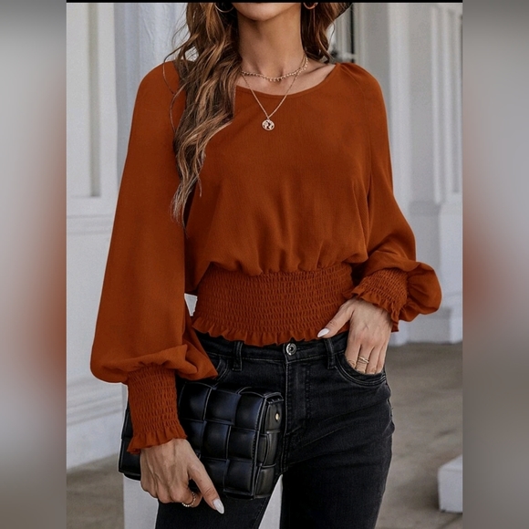 Solid Bishop Sleeve Shirred Blouse - Picture 3 of 3